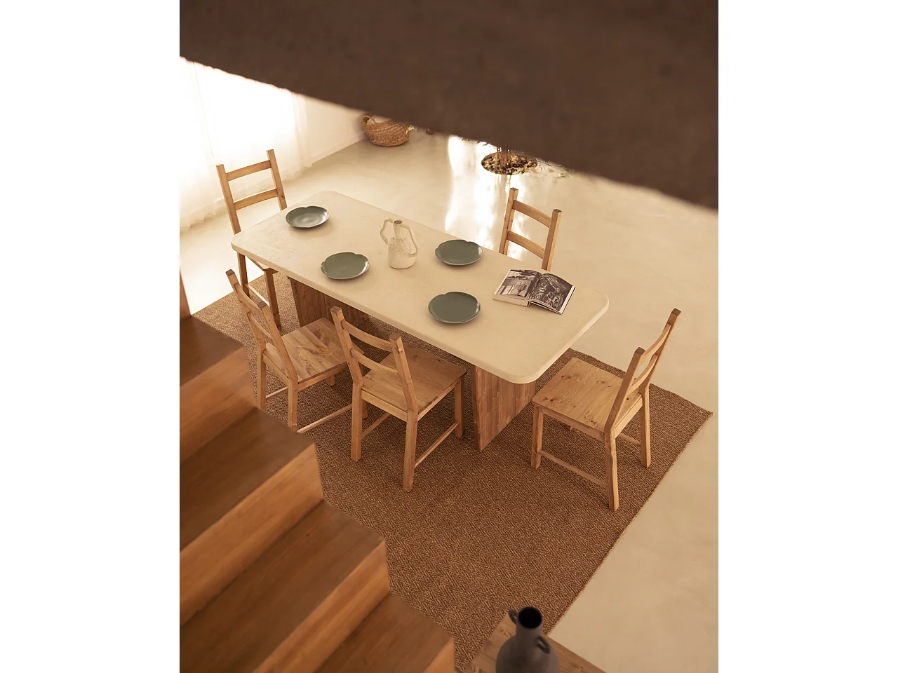Mesa de comedor de madera de abeto maciza en microcemento rectangular Decowood de 160x75cm en tono blanco roto y patas tono roble oscuro - BIMBA - DECOWOOD