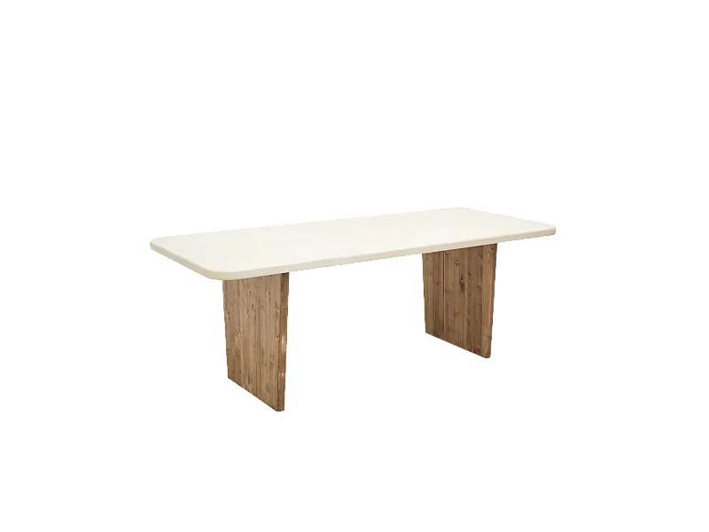 Mesa de comedor de madera de abeto maciza en microcemento rectangular Decowood de 160x75cm en tono blanco roto y patas tono roble oscuro - BIMBA - DECOWOOD