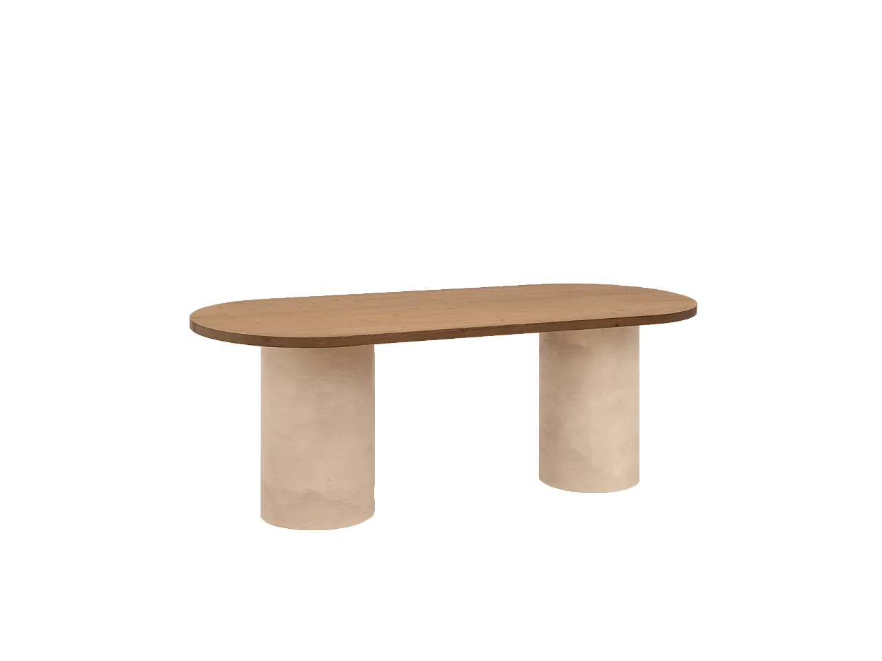 Mesa de comedor ovalada de madera maciza tono roble oscuro y patas de microcemento en tono tierra DECOWOOD de 200x75cm - LUCÍA - DECOWOOD