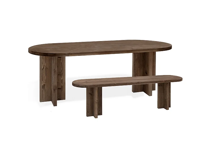 Set tavolo da pranzo 200cm e panca 160cm in legno masello in tono noce - TOKYO - DECOWOOD