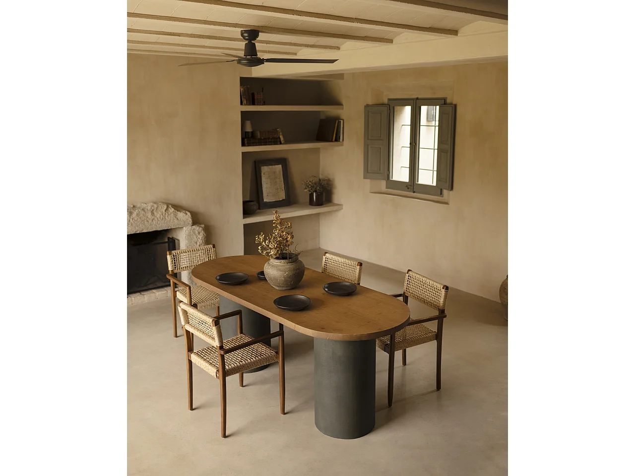 Mesa de comedor ovalada de madera maciza tono roble oscuro y patas de microcemento en tono verde DECOWOOD de 180x75cm - LUCÍA - DECOWOOD