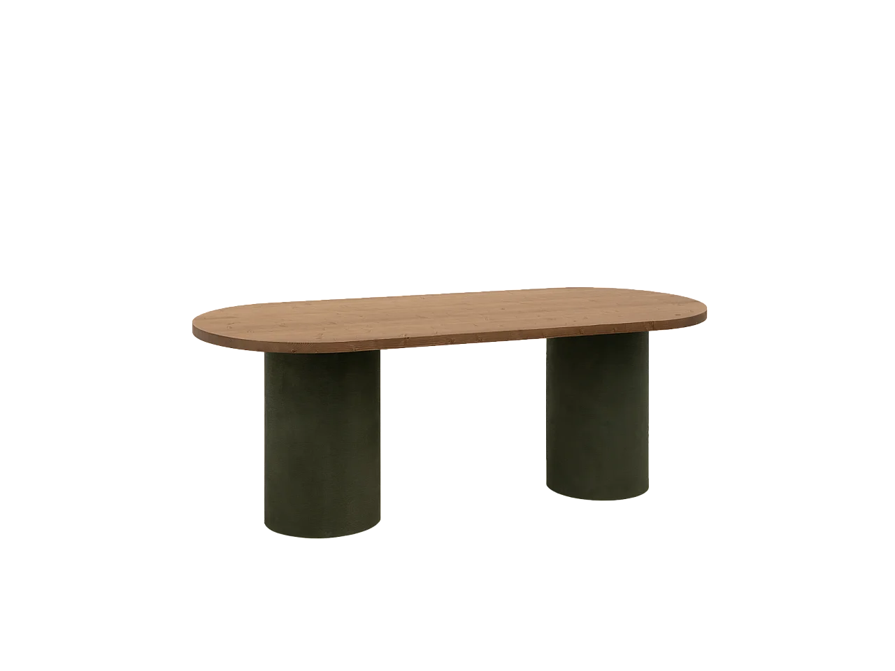 Mesa de comedor ovalada de madera maciza tono roble oscuro y patas de microcemento en tono verde DECOWOOD de 180x75cm - LUCÍA - DECOWOOD