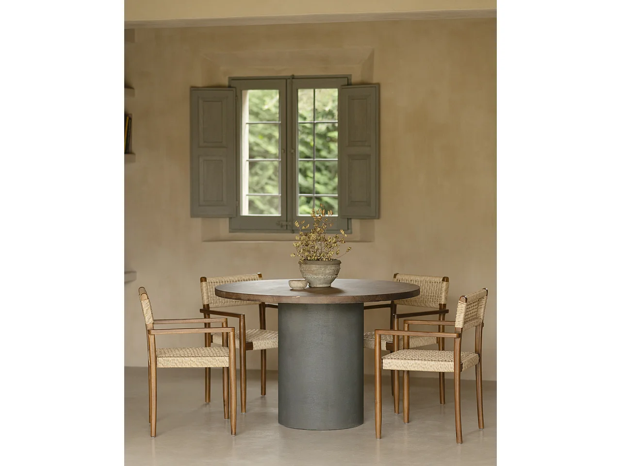 Tavolo da pranzo rotondo in legno marrone e microcemento verde 100cm