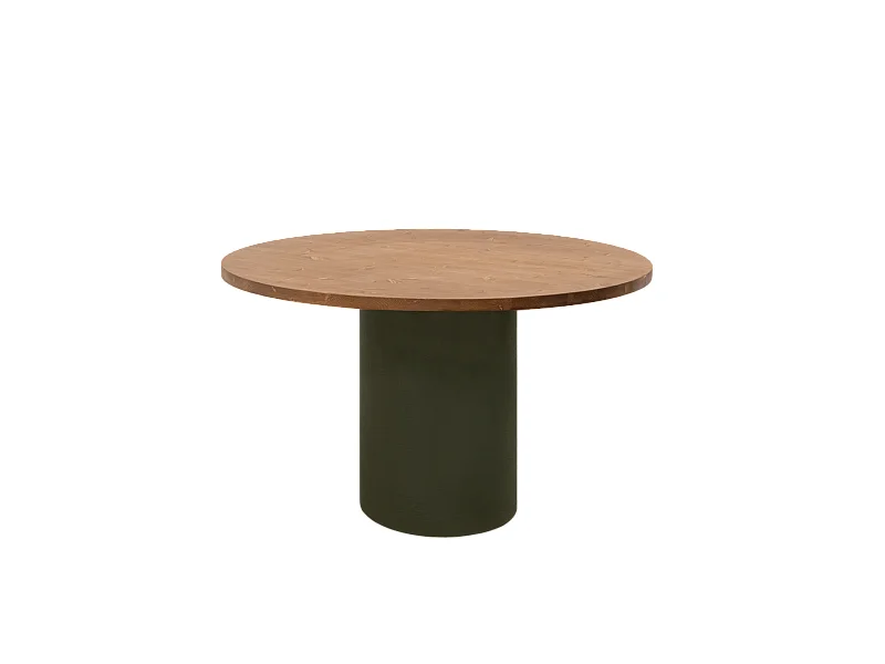 Mesa de comedor redonda de madera maciza tono roble oscuro y patas de microcemento en tono verde DECOWOOD de Ø100x75cm - LUCÍA - DECOWOOD