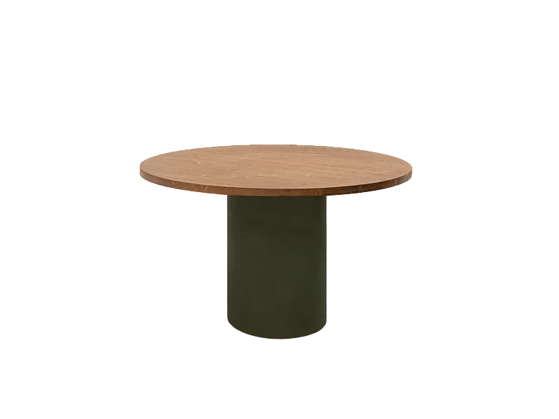 Mesa de comedor redonda de madera maciza tono roble oscuro y patas de microcemento en tono verde DECOWOOD de Ø100x75cm - LUCÍA - DECOWOOD
