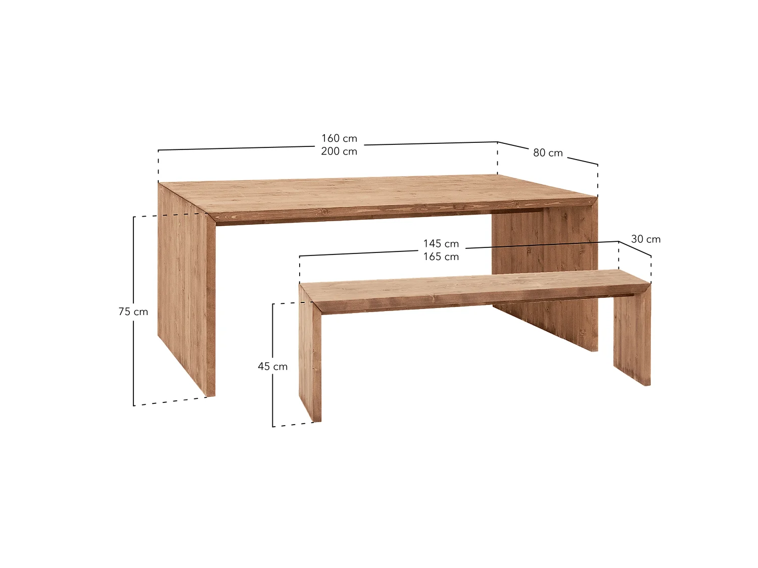 Pack mesa de comedor de 160x75cm y banco de 145x45cm rectangulares de madera de abeto maciza Decowood en tono natural - TELVA - DECOWOOD