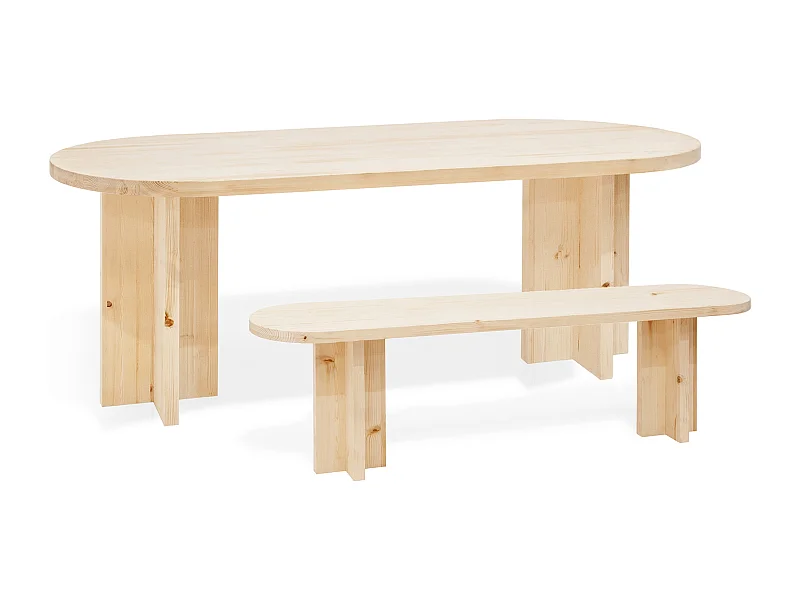 Set tavolo da pranzo 160cm e panca 120cm in legno masello in tono naturale - TOKYO - DECOWOOD