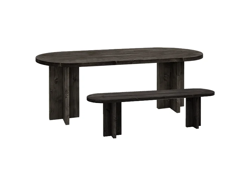 Ensemble table à manger ovale et banc en bois de sapin noir 160x75cm - TOKYO - DECOWOOD