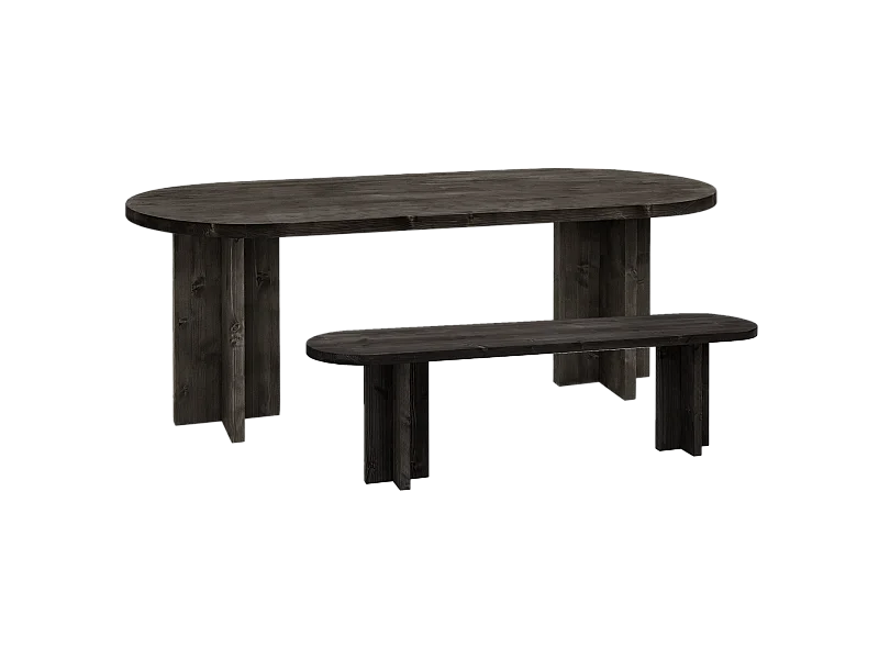 Ensemble table à manger ovale et banc en bois de sapin noir 160x75cm - TOKYO - DECOWOOD