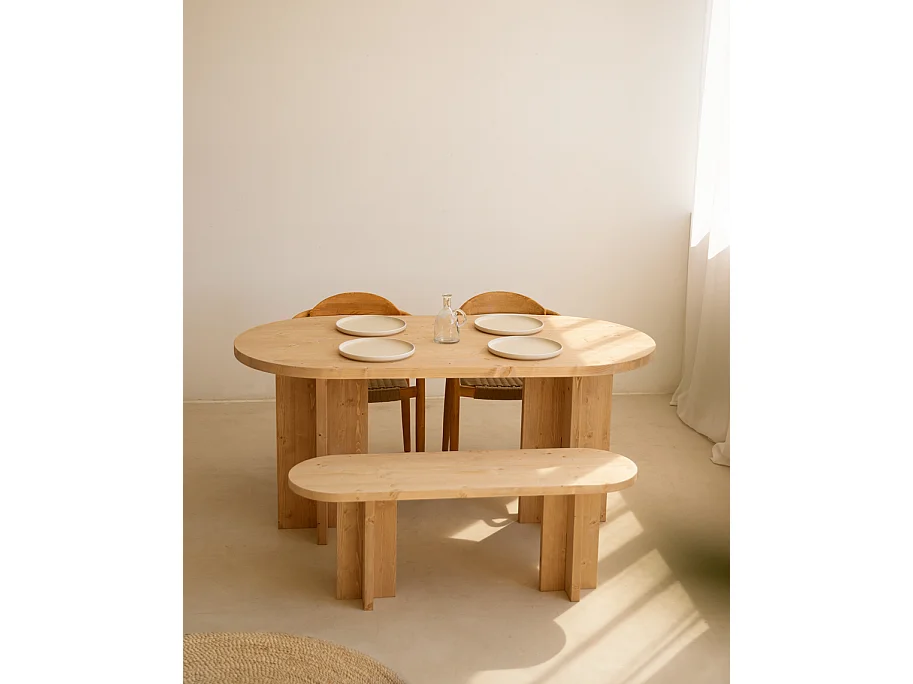 Pack de mesa de comedor de 180x80cm y banco de 140x45cm de madera maciza de abeto Decowood en tono roble medio - TOKYO - DECOWOOD