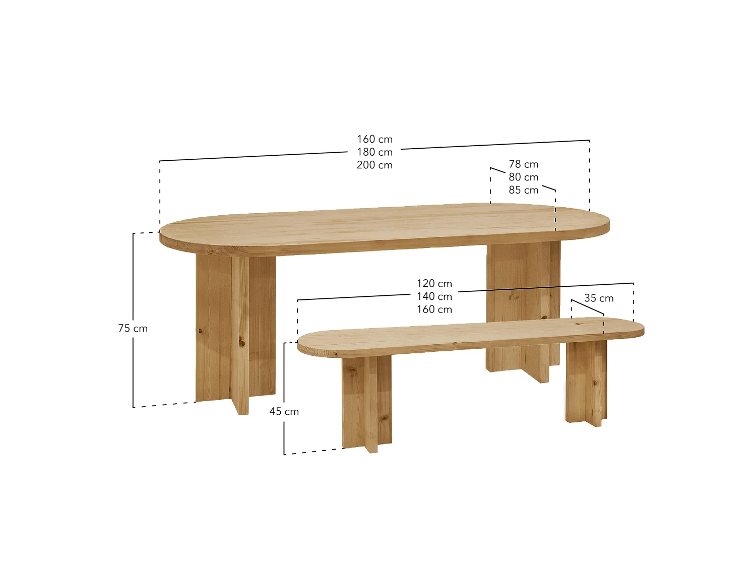 Ensemble table à manger ovale et banc bois de sapin marron 180x75cm - TOKYO - DECOWOOD