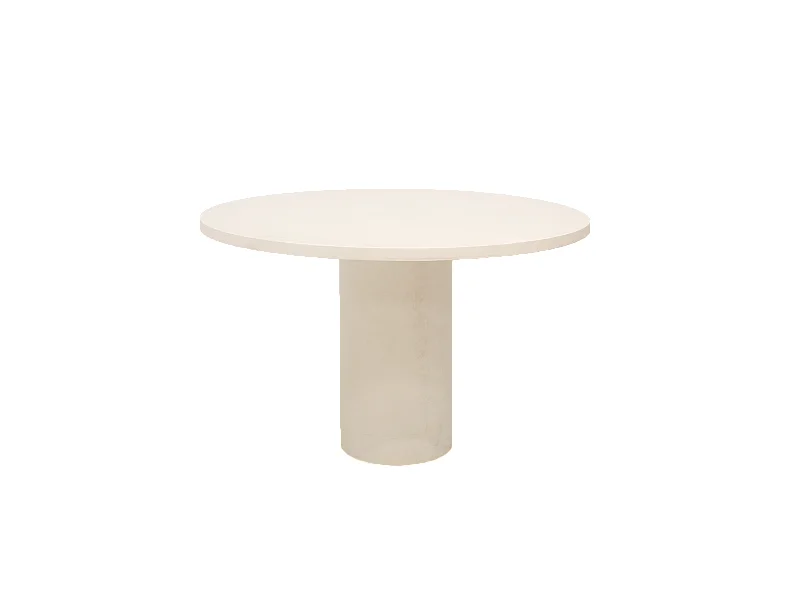 Mesa de comedor de madera de abeto maciza en microcemento redonda y soporte cilíndrico de Ø100x75cm en tono blanco roto - LUCÍA - DECOWOOD