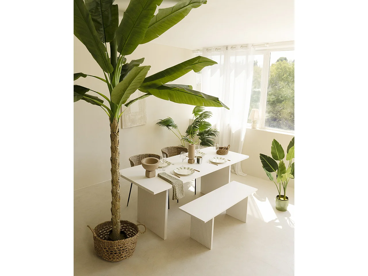 Mesa de comedor de madera de pino maciza rectangular con patas ranuradas Decowood de 180x80cm en tono blanco - BALI - DECOWOOD