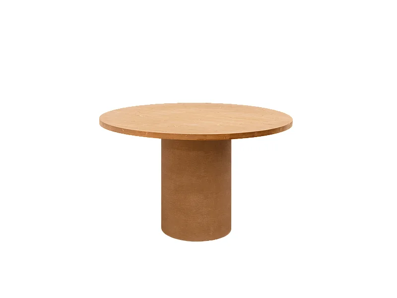 Mesa de comedor redonda de madera maciza tono roble medio y patas de microcemento en tono terracota DECOWOOD de Ø120x75cm - LUCÍA - DECOWOOD