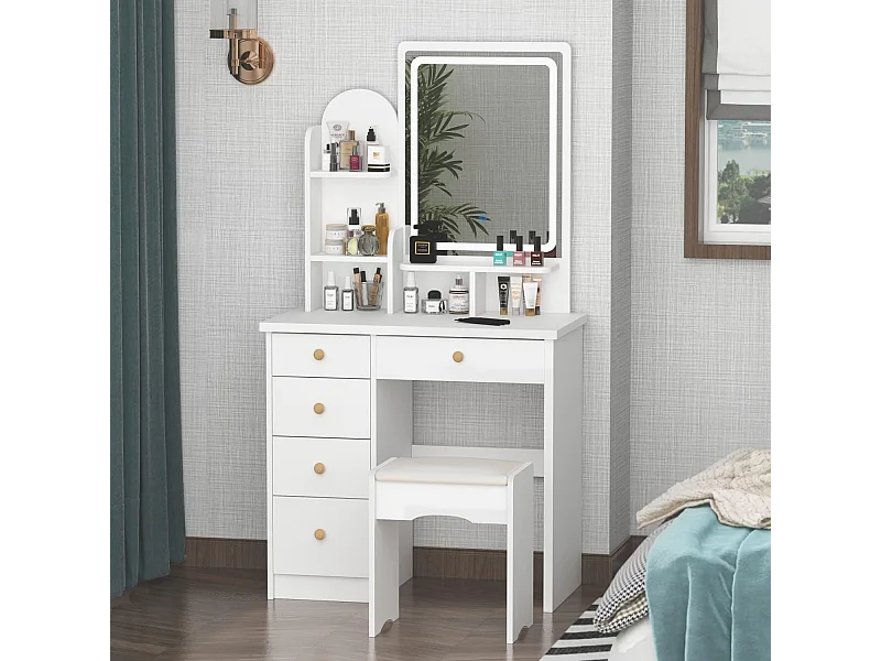 Coiffeuse avec LED réglable et miroirs Tabouret 80x40x140cm Blanc