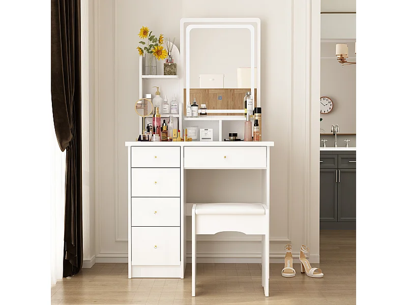 Coiffeuse Blanche avec Miroir et Tabouret, Table de Maquillage avec Lumière LED, Tiroirs et Compartiments, Chambre, 40x80x140