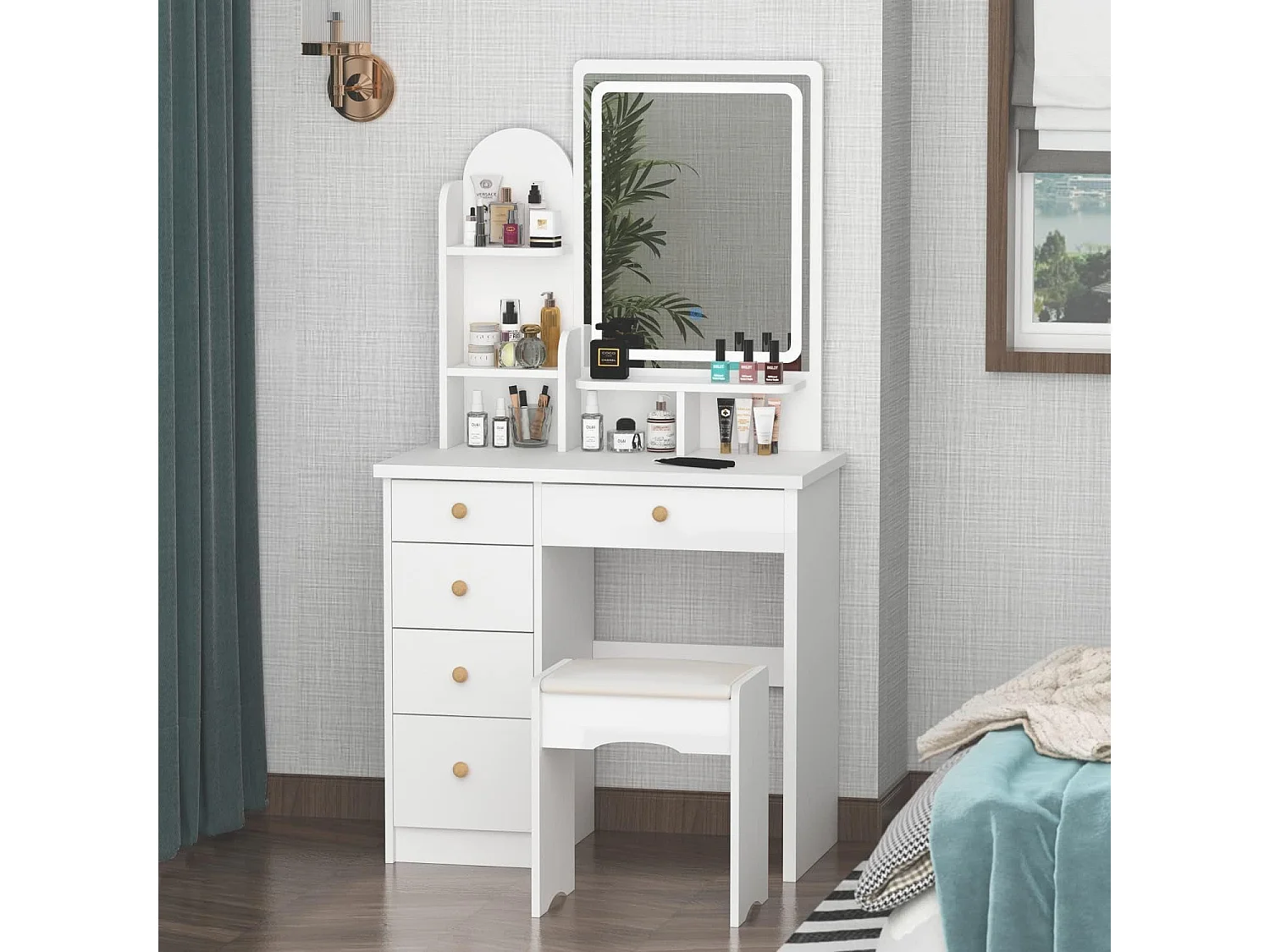 Coiffeuse avec LED réglable et miroirs Tabouret 80x40x140cm Blanc