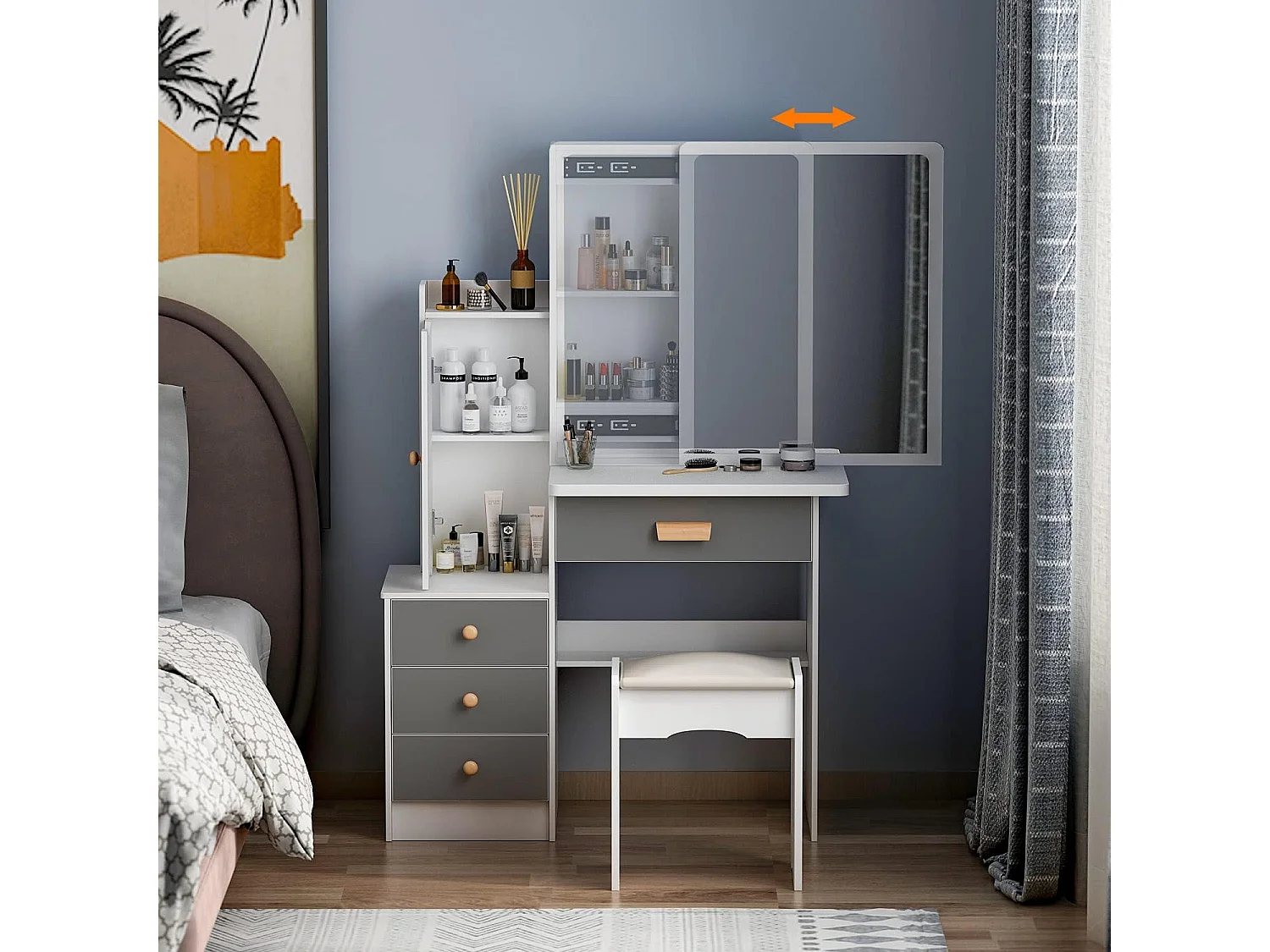 Coiffeuse avec LED réglable et miroirs Tabouret 80x40x140cm Blanc