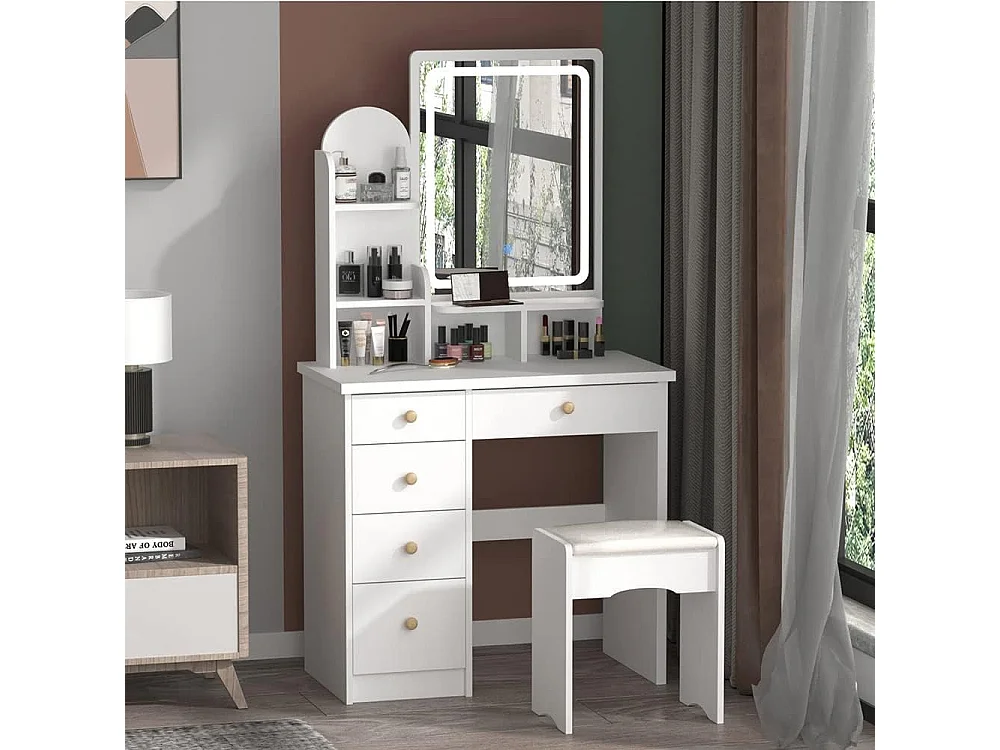 Coiffeuse avec LED réglable et miroirs Tabouret 80x40x140cm Blanc