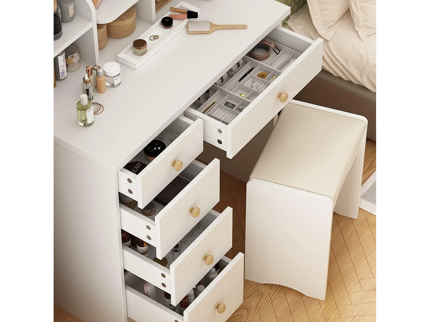 Coiffeuse avec LED réglable et miroirs Tabouret 80x40x140cm Blanc