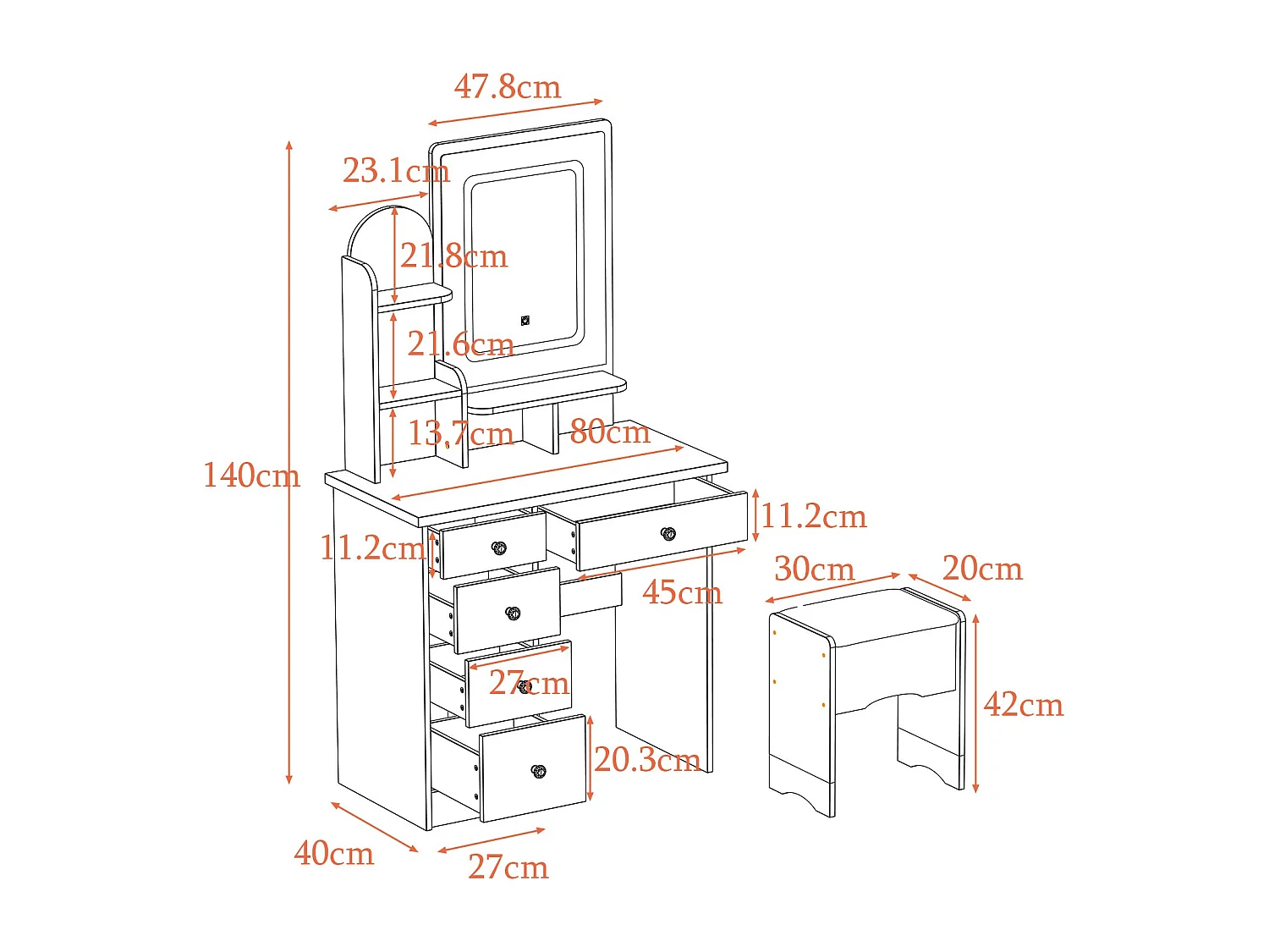 Coiffeuse avec LED réglable et miroirs Tabouret 80x40x140cm Blanc