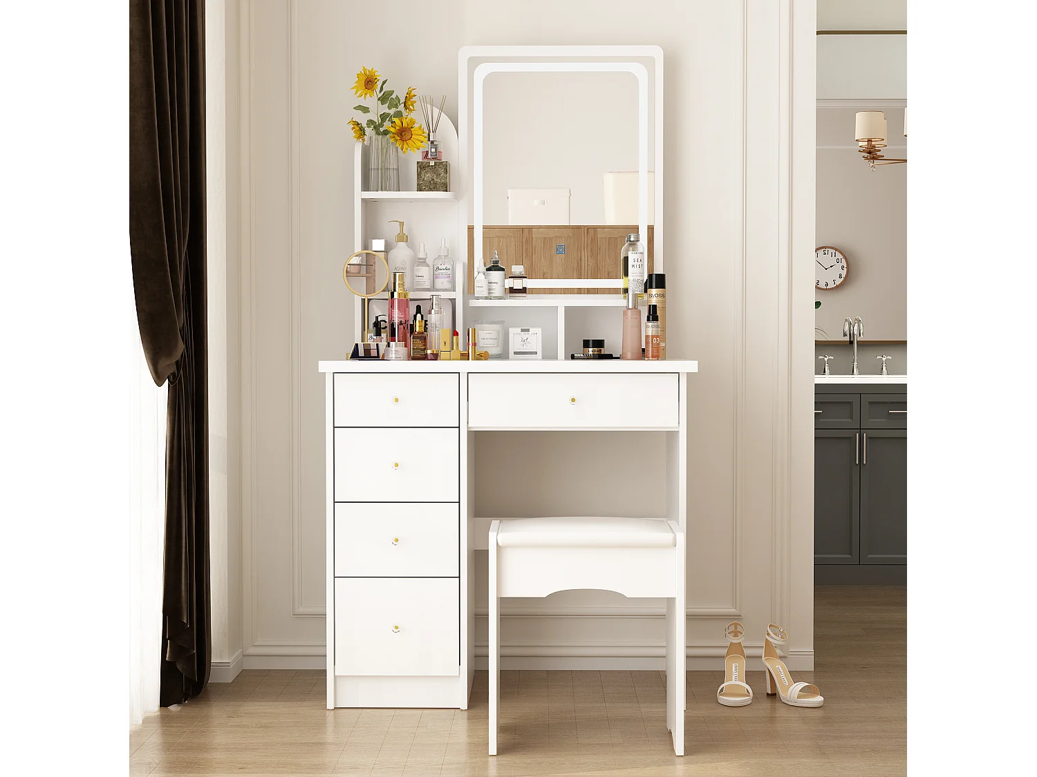 Coiffeuse Blanche avec Miroir et Tabouret, Table de Maquillage avec Lumière LED, Tiroirs et Compartiments, Chambre, 40x80x140