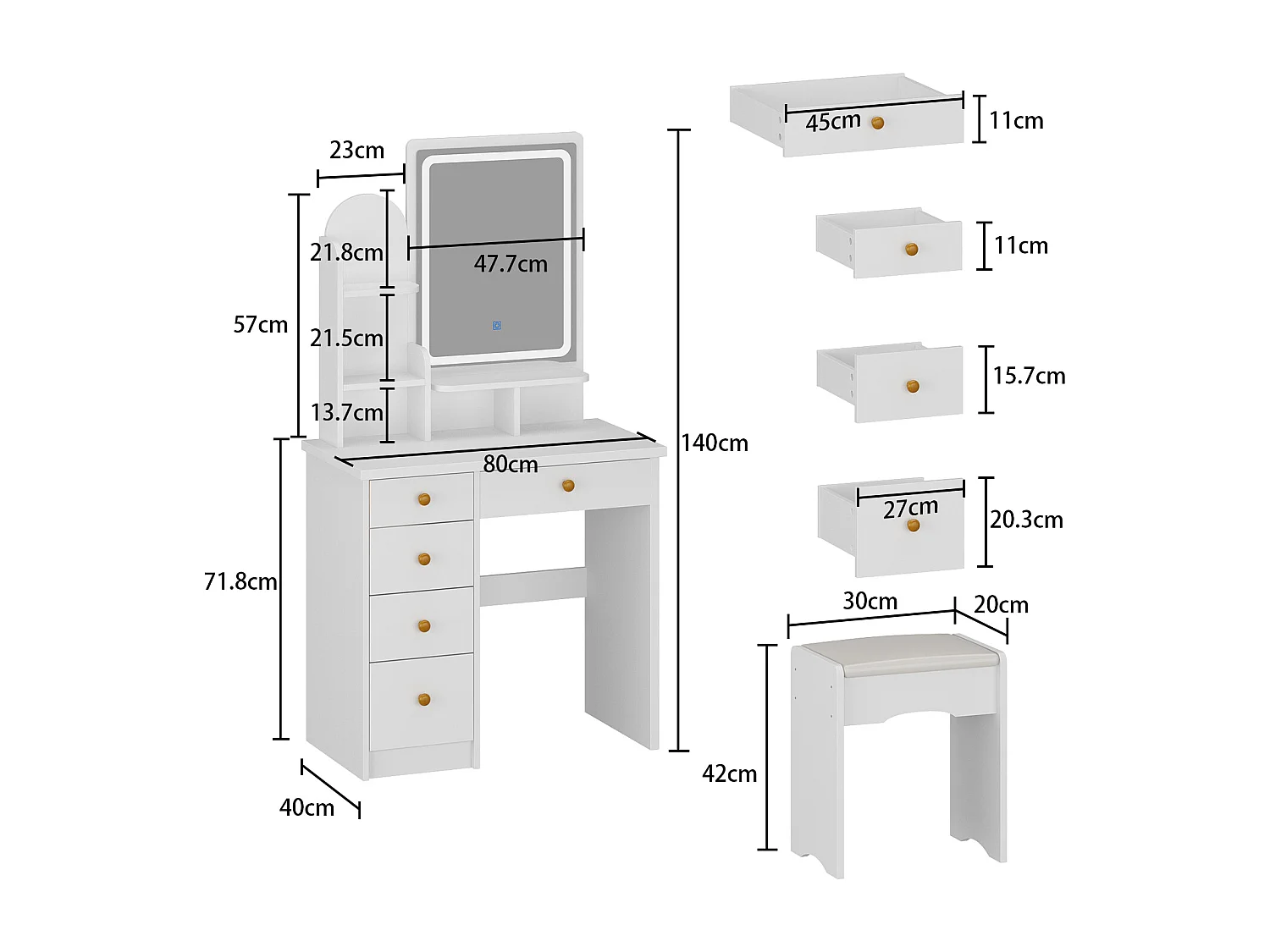 Coiffeuse Blanche avec Miroir et Tabouret, Table de Maquillage avec Lumière LED, Tiroirs et Compartiments, Chambre, 40x80x140