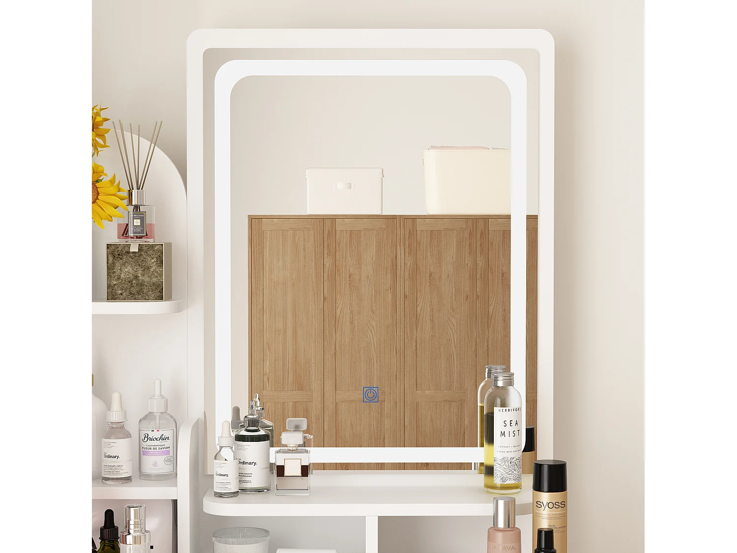 Coiffeuse Blanche avec Miroir et Tabouret, Table de Maquillage avec Lumière LED, Tiroirs et Compartiments, Chambre, 40x80x140