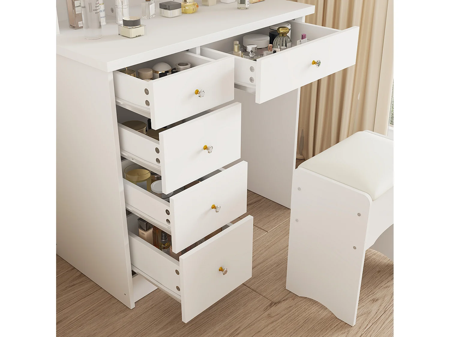 Coiffeuse Blanche avec Miroir et Tabouret, Table de Maquillage avec Lumière LED, Tiroirs et Compartiments, Chambre, 40x80x140