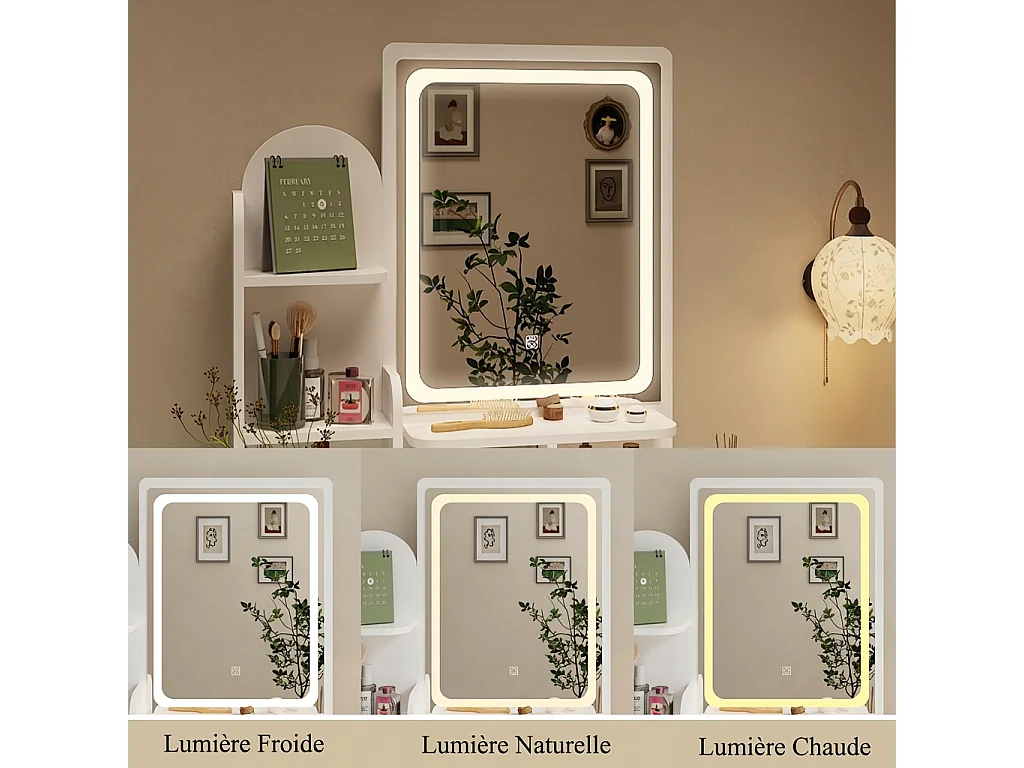Coiffeuse Blanche avec Miroir et Tabouret, Table de Maquillage avec Lumière LED, Tiroirs et Compartiments, Chambre, 40x80x140