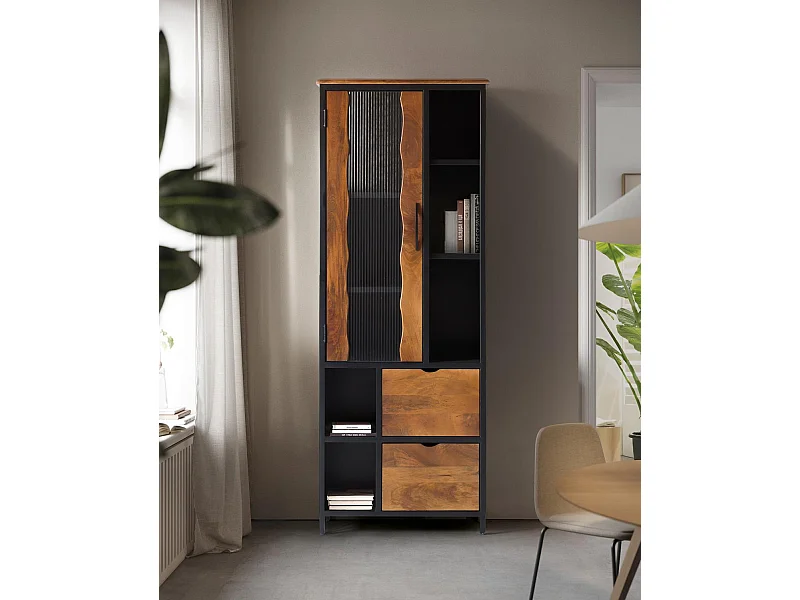 Witryna z drewna mango z metalowymi akcentami