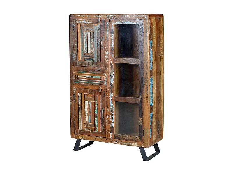 Vitrine en bois de manguier et pieds en métal multicolore