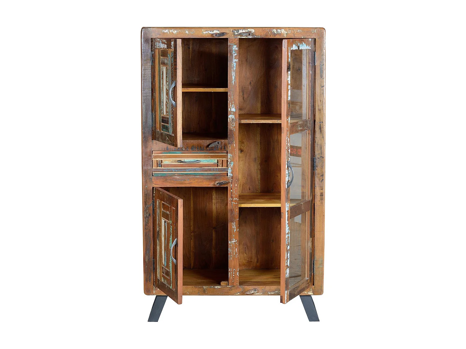 Vitrine en bois de manguier et pieds en métal multicolore