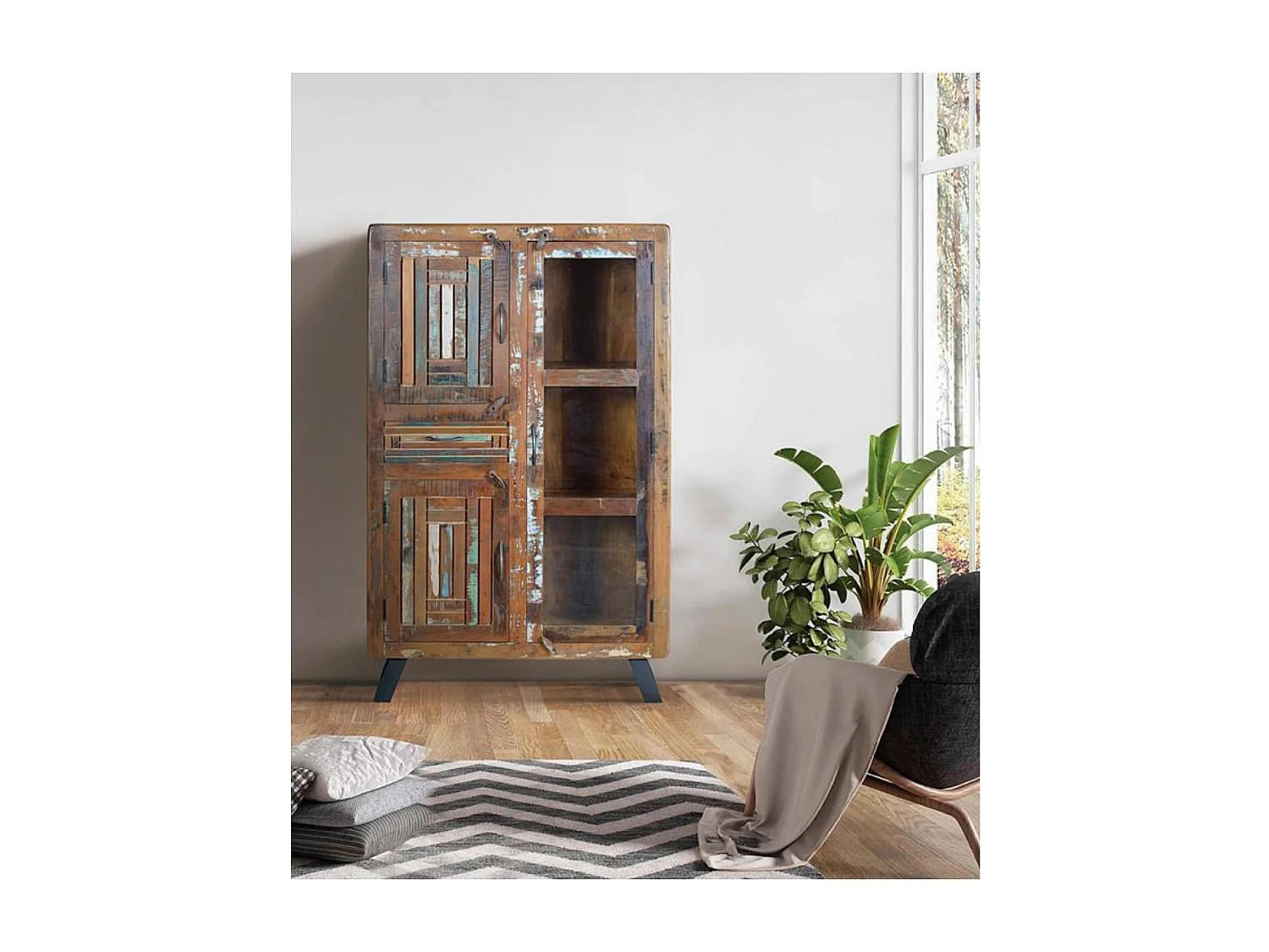 Vitrine en bois de manguier et pieds en métal multicolore