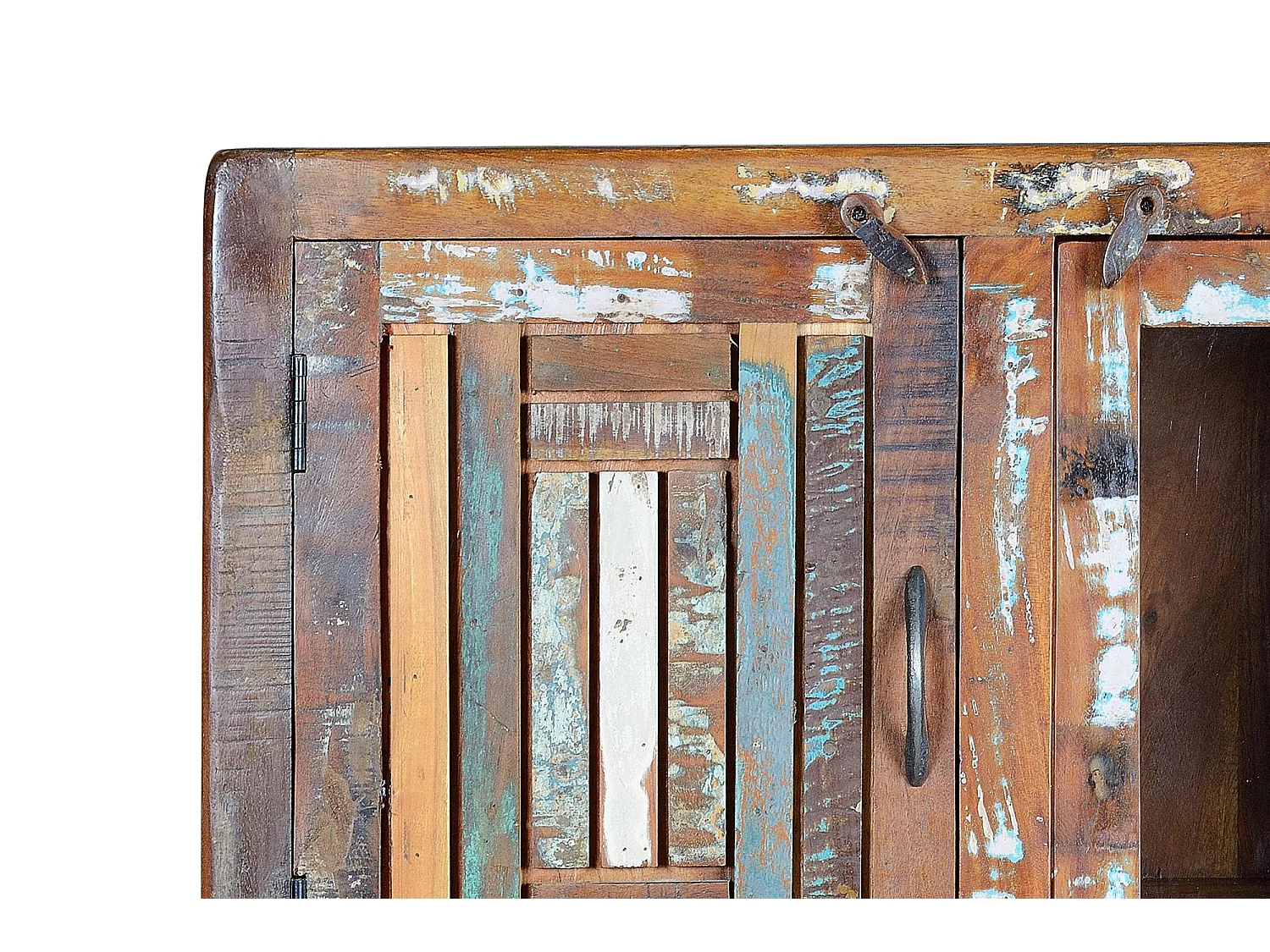 Vitrine en bois de manguier et pieds en métal multicolore