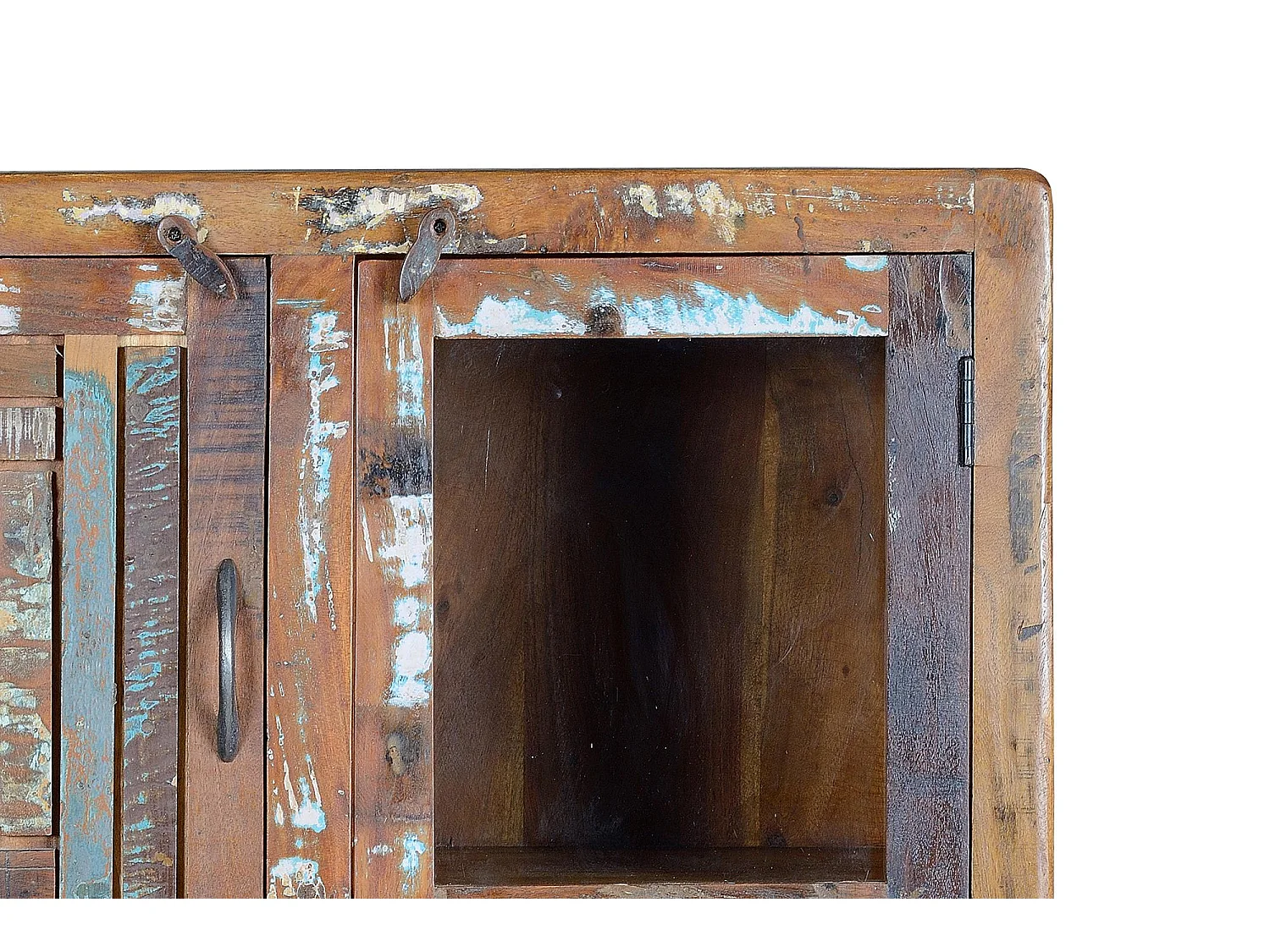 Vitrine en bois de manguier et pieds en métal multicolore