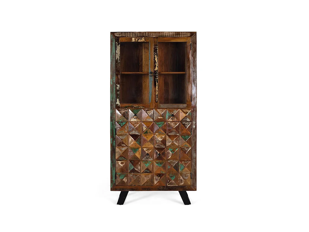 Vitrine en bois recyclé 90 cm, style industriel moderne - 180 x 90 x 40 cm
