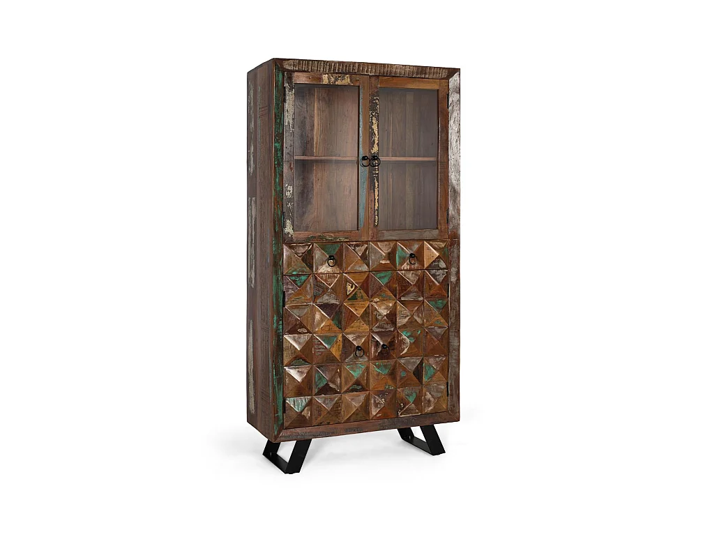 Vitrine en bois recyclé 90 cm, style industriel moderne - 180 x 90 x 40 cm