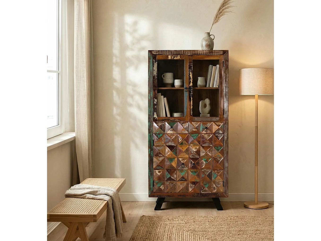 Vitrine en bois recyclé 90 cm, style industriel moderne - 180 x 90 x 40 cm