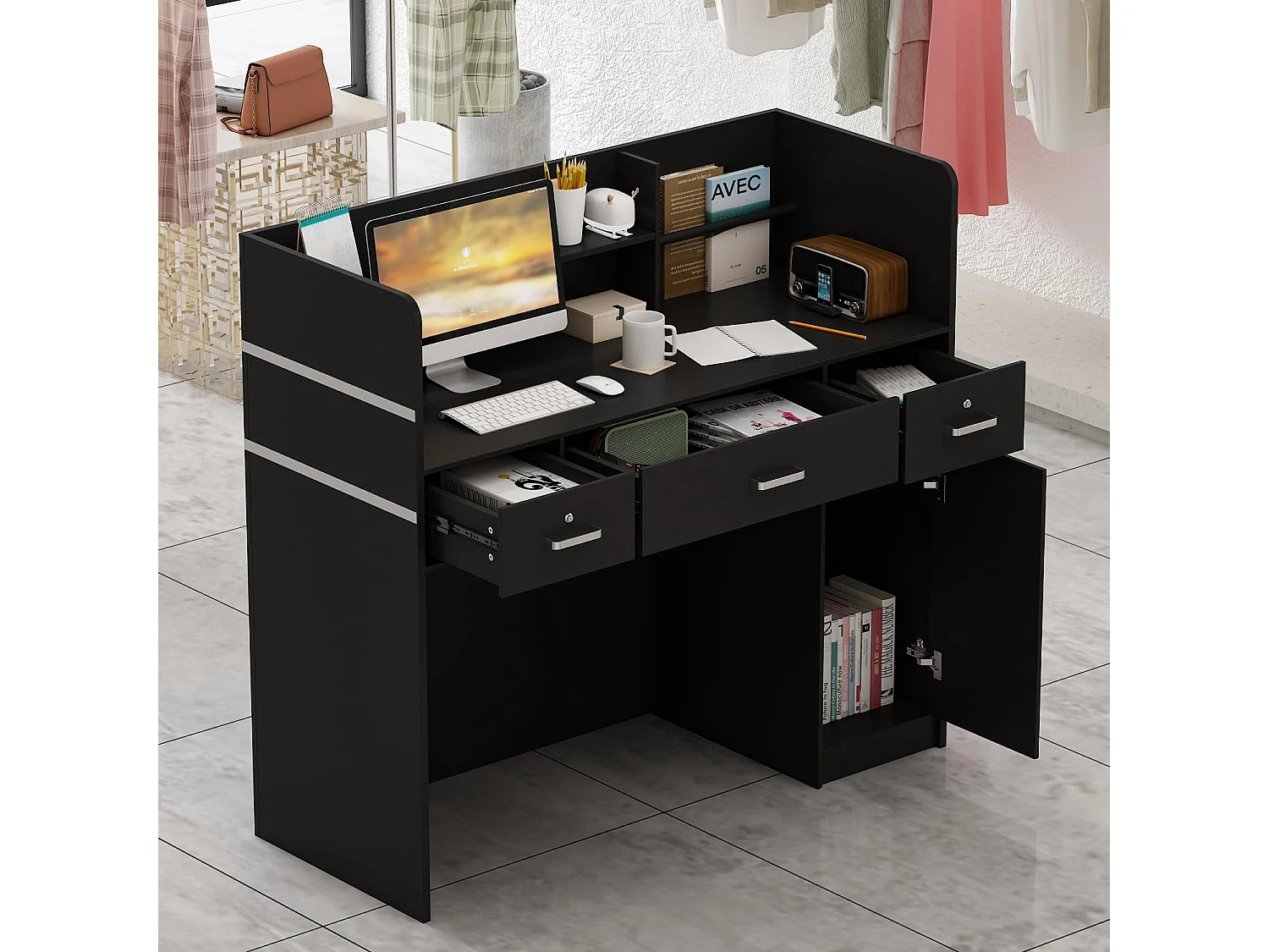 Receptiebalie met open vakken en legplanken Afsluitbare lade Lounge Office 120x48x110cm Zwart