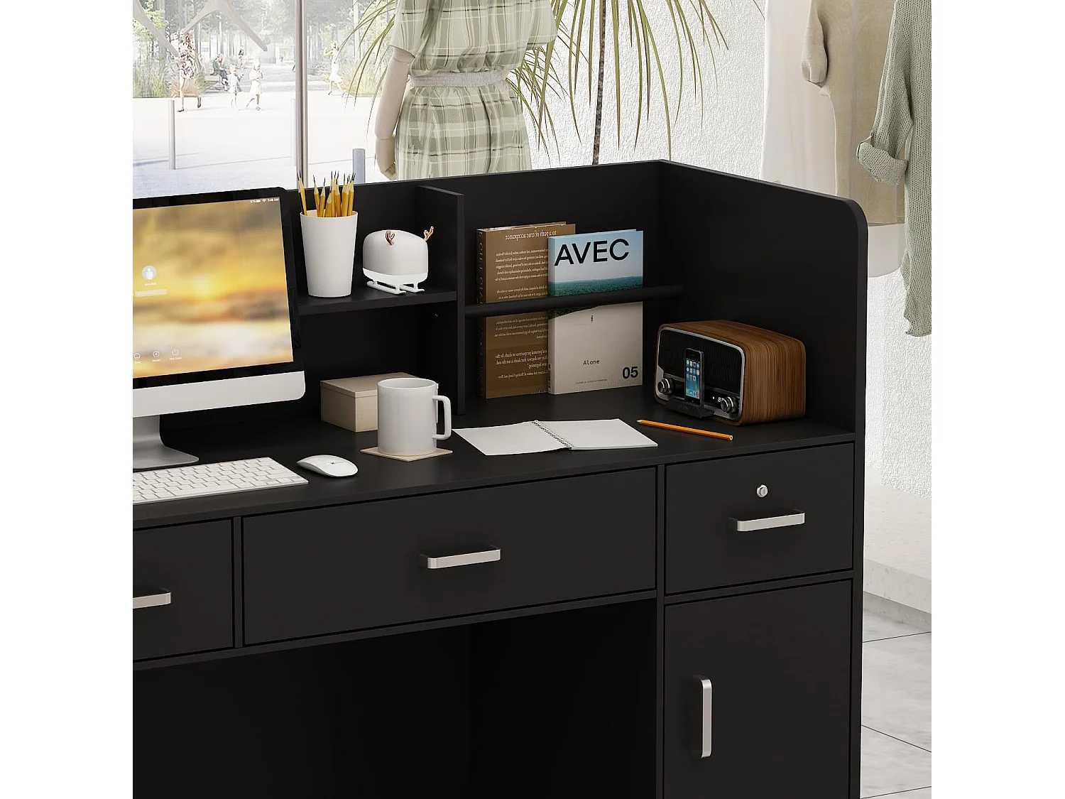 Receptiebalie met open vakken en legplanken Afsluitbare lade Lounge Office 120x48x110cm Zwart