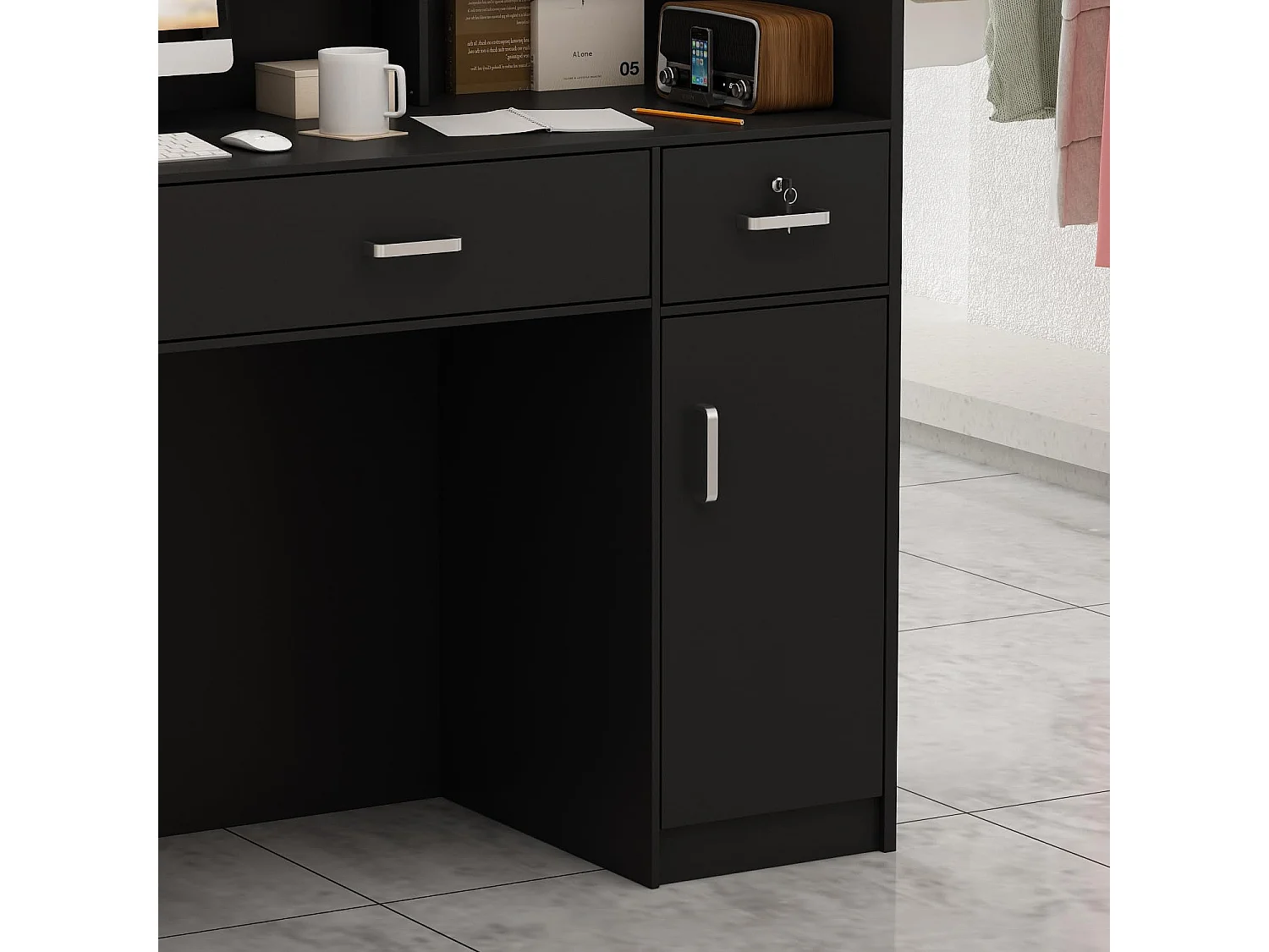 Receptiebalie met open vakken en legplanken Afsluitbare lade Lounge Office 120x48x110cm Zwart