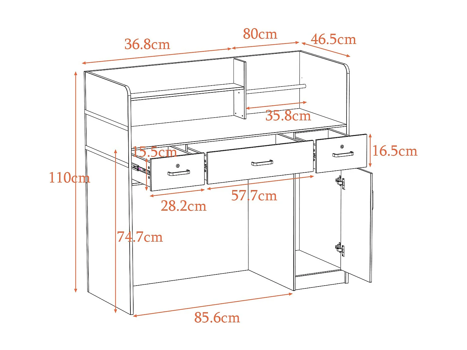 Receptiebalie met open vakken en legplanken Afsluitbare lade Lounge Office 120x48x110cm Zwart