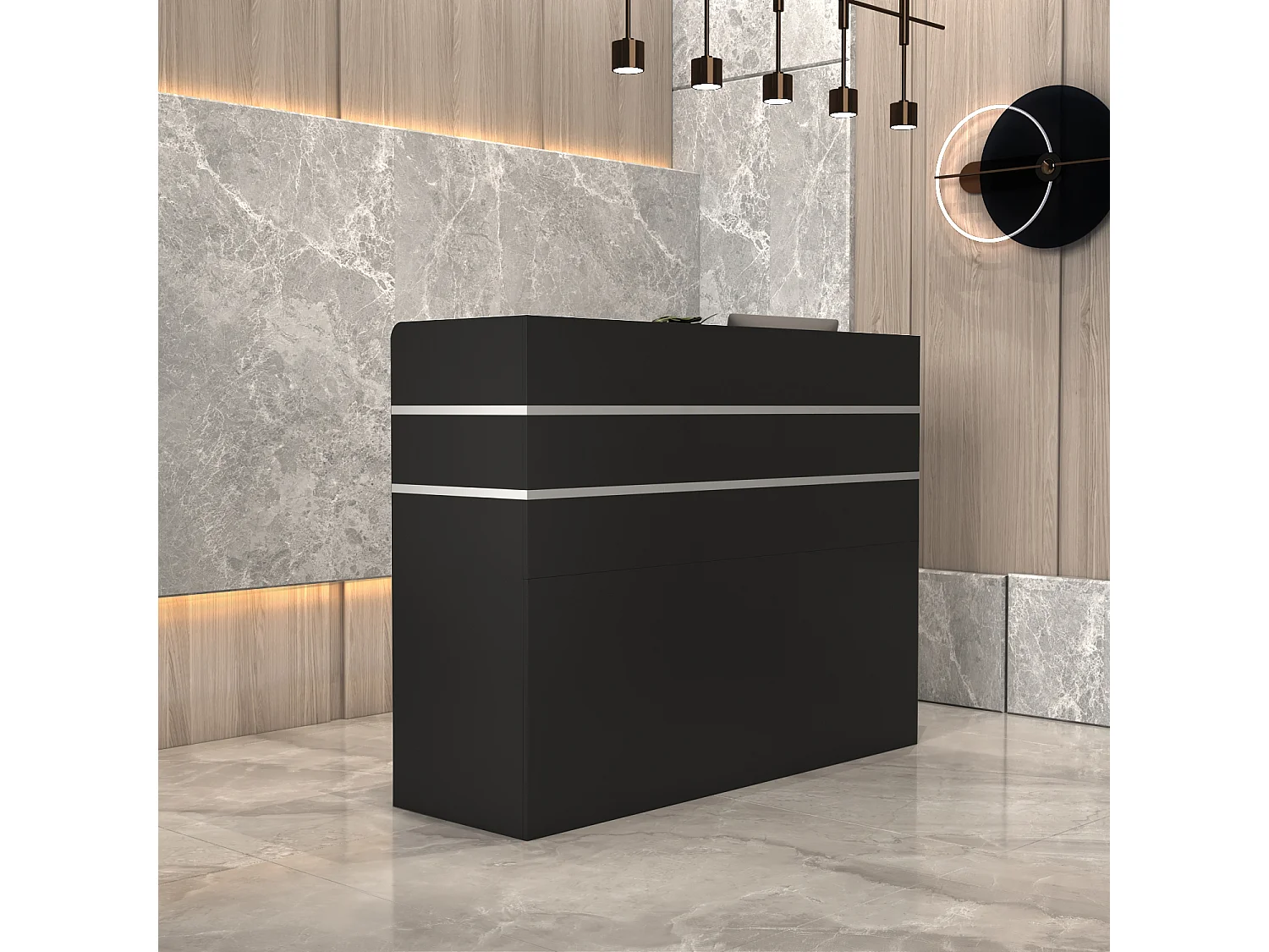 Comptoir de réception avec compartiments ouverts  étagères Tiroir verrouillable Salon Bureau 120x48x110cm Noir