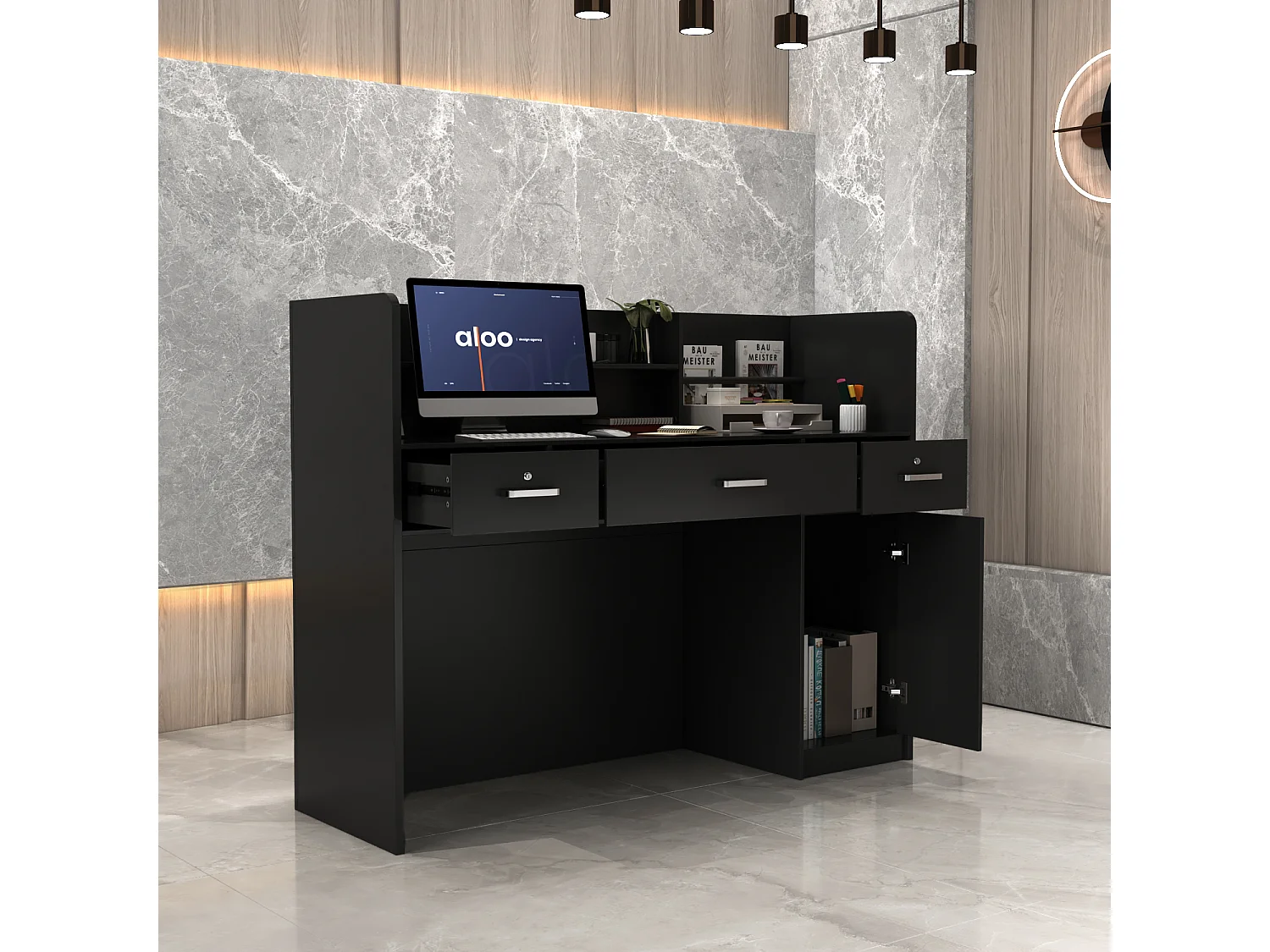 Comptoir de réception avec compartiments ouverts  étagères Tiroir verrouillable Salon Bureau 120x48x110cm Noir