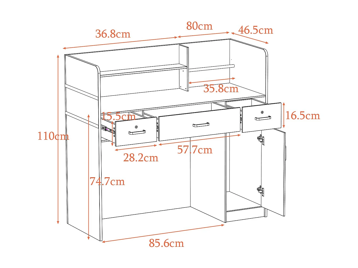Comptoir de réception avec compartiments ouverts  étagères Tiroir verrouillable Salon Bureau 120x48x110cm Noir