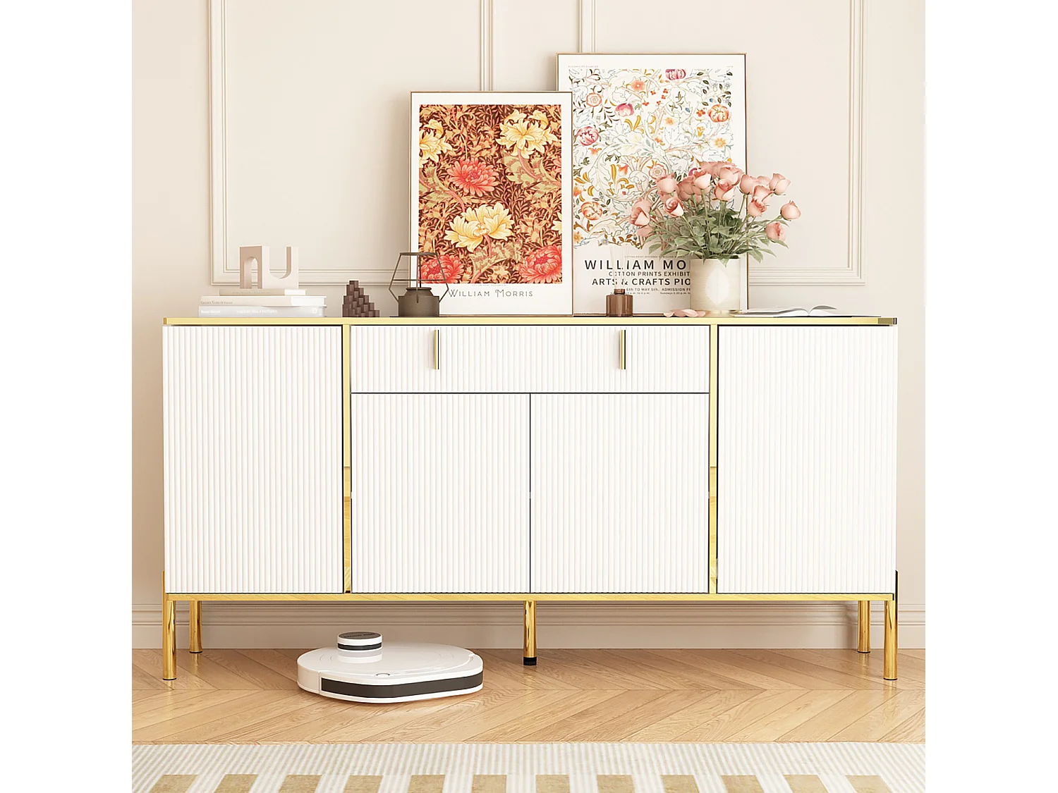 Buffet de Salon avec 4 Portes et 1 Tiroir, Meuble de Rangement avec Pieds en Métal , Salon Chambre Bureau, 160x40x80cm, Blanc