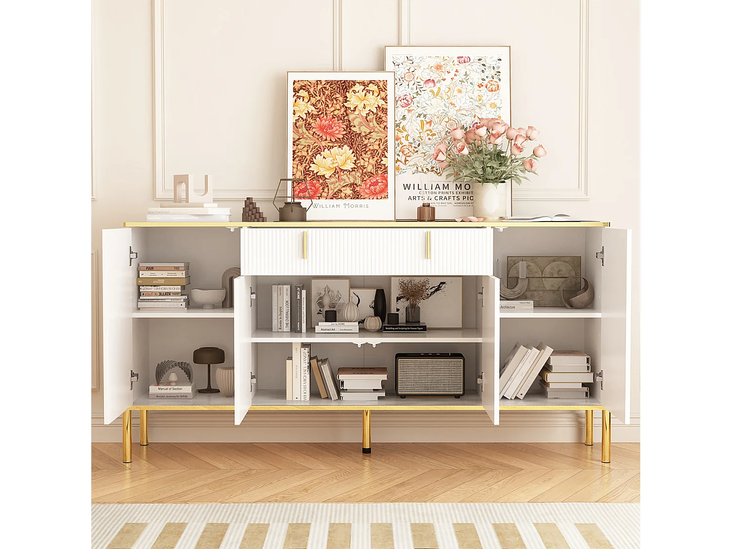 Buffet de Salon avec 4 Portes et 1 Tiroir, Meuble de Rangement avec Pieds en Métal , Salon Chambre Bureau, 160x40x80cm, Blanc