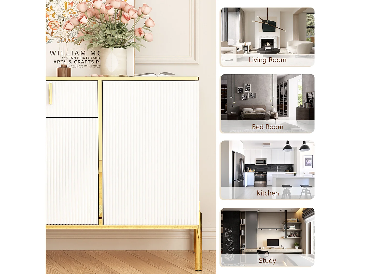 Buffet de Salon avec 4 Portes et 1 Tiroir, Meuble de Rangement avec Pieds en Métal , Salon Chambre Bureau, 160x40x80cm, Blanc