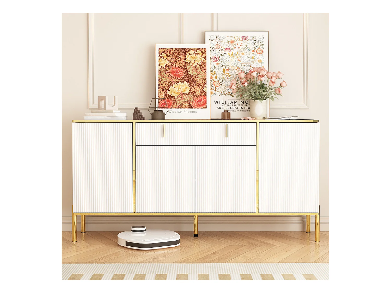 Buffet de Salon avec 4 Portes et 1 Tiroir, Meuble de Rangement avec Pieds en Métal , Salon Chambre Bureau, 160x40x80cm, Blanc